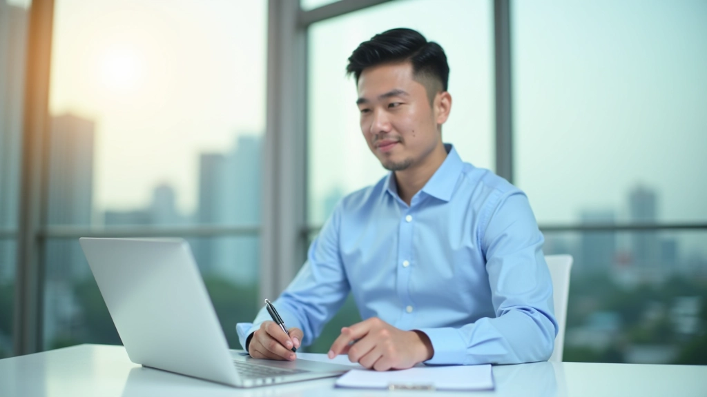 Businessman in light blue shirt sitting at desk with laptop and notepad taking notes during call