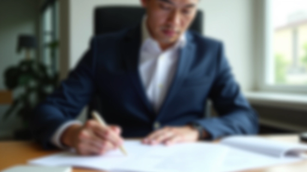 Professional man in business suit sitting at wooden table reviewing contract documents with pen