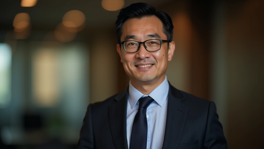 Confident businessman in suit making strong eye contact during serious business discussion, portrait lighting