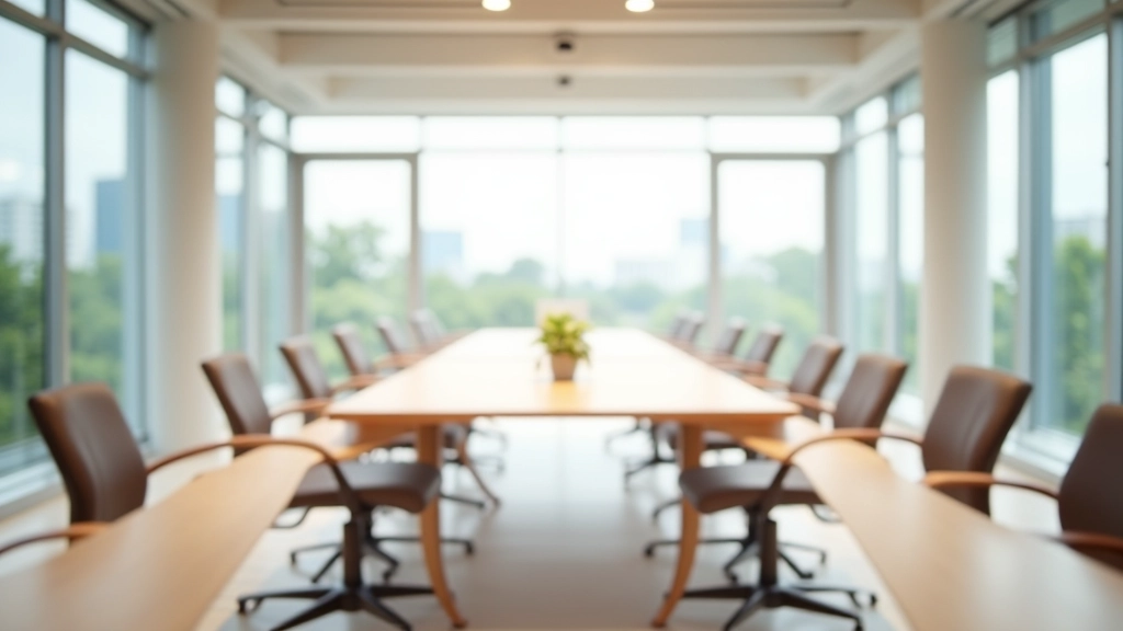 Professional business environment with modern meeting room setup and negotiation table