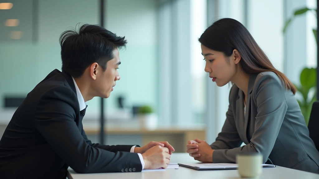 Two business professionals having focused conversation across modern office desk with natural window lighting