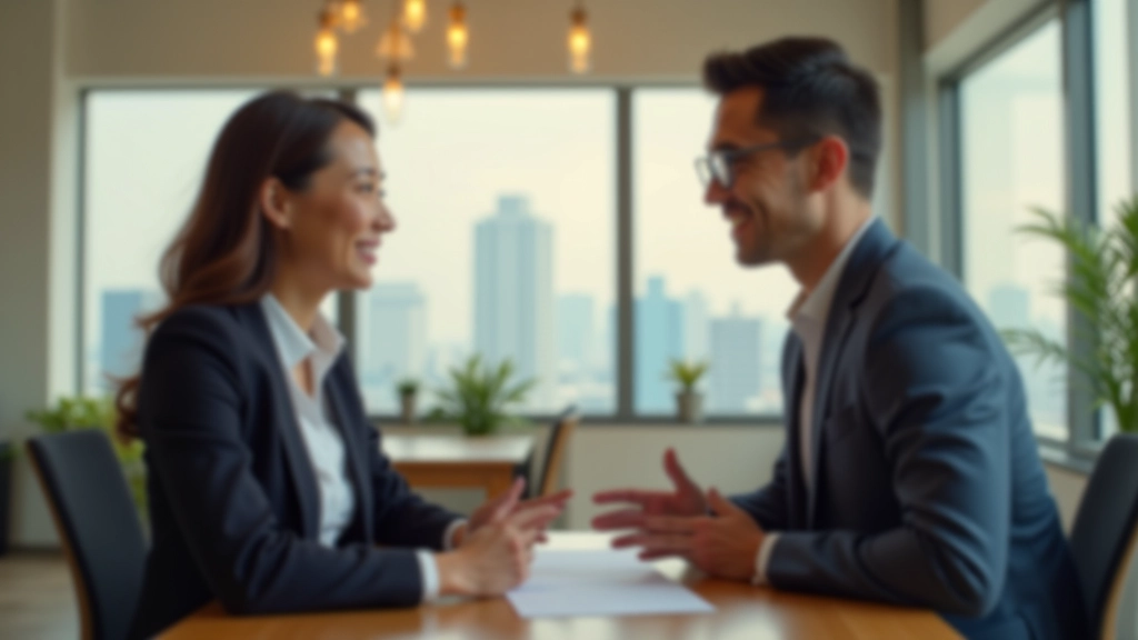 Two professionals in conversation, relaxed posture, office setting with modern furnishings, warm lighting