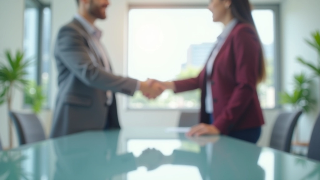 Two business professionals shaking hands across modern glass table in bright conference room