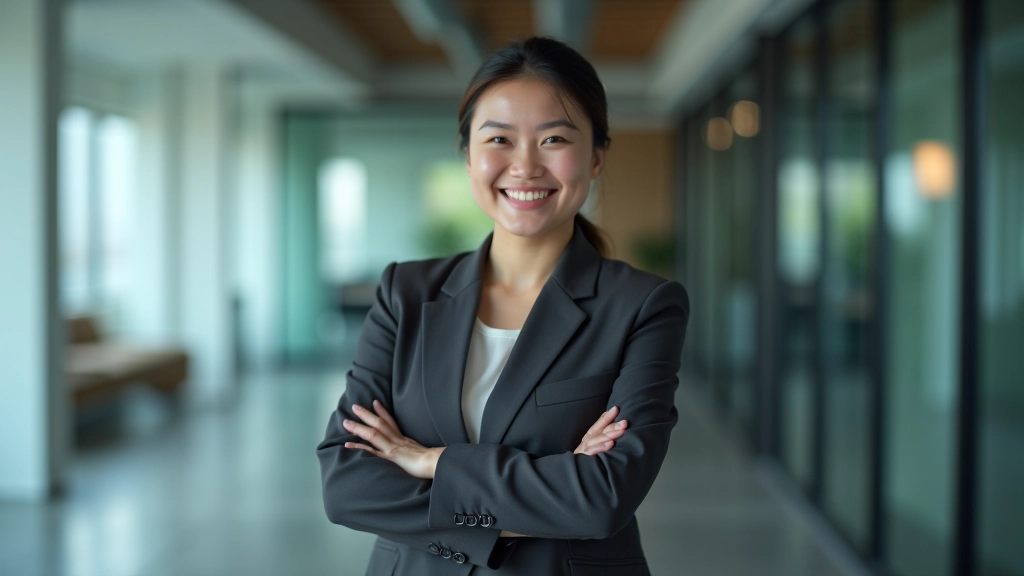 Woman with crossed arms confident expression in modern office with glass walls and natural lighting
