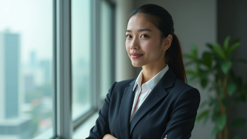 Confident professional standing by window, looking outward, modern building interior, afternoon light