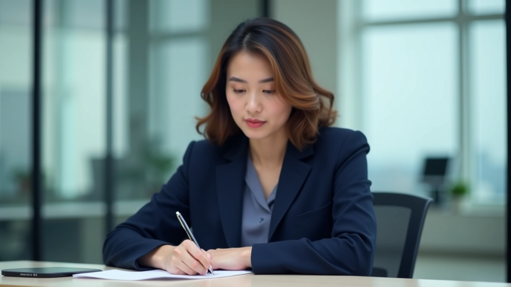 Woman in professional attire taking notes while listening intently during business meeting, seated at table