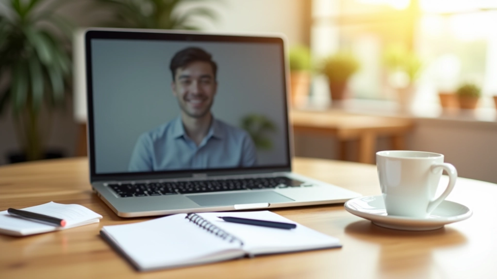 Professional workspace with laptop showing video call, notebook with negotiation notes, and coffee cup on clean desk
